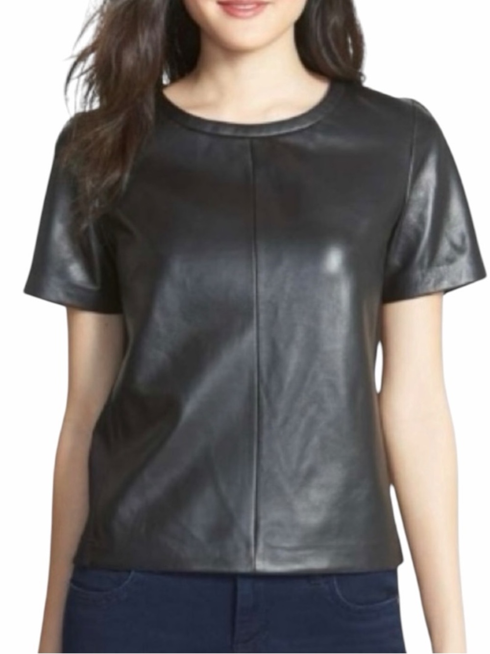 NEW Halogen Black Genuine Leather Crewneck Short Sleeve Top Size Small